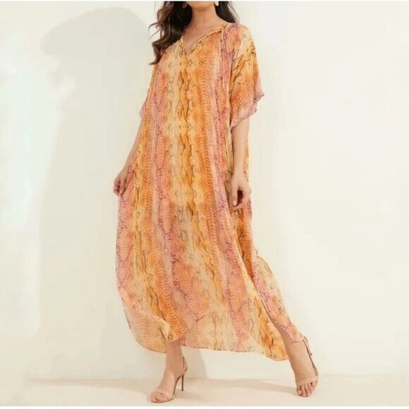 Marciano Dresses & Skirts - MARCIANO Kaftan Maxi Dress Size M L Orange Yellow Snake Skin Print Summer Beach